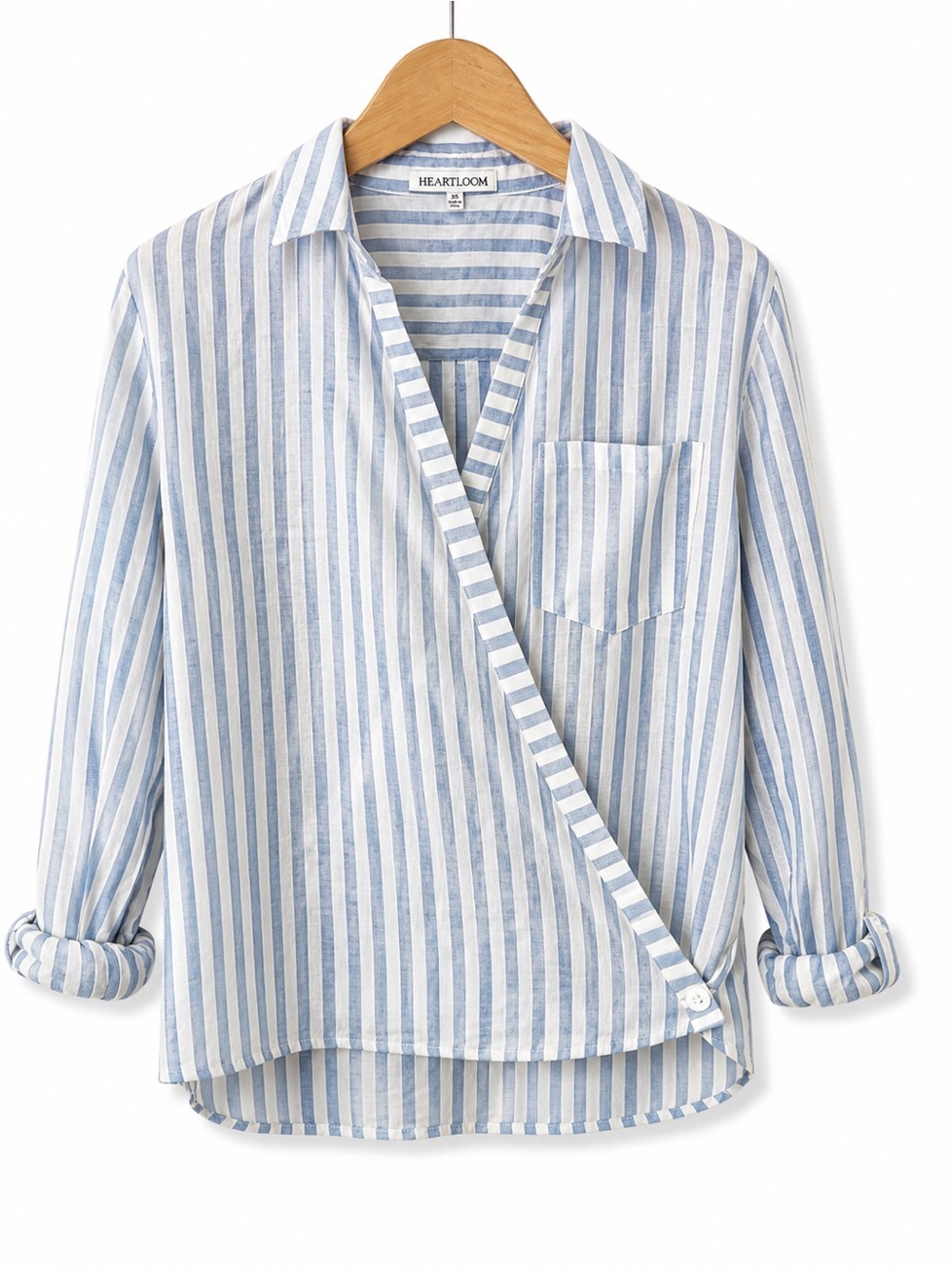 Heartloom Blue White Striped 100% Cotton Button Front Shirt XS Roll Tab Sleeve